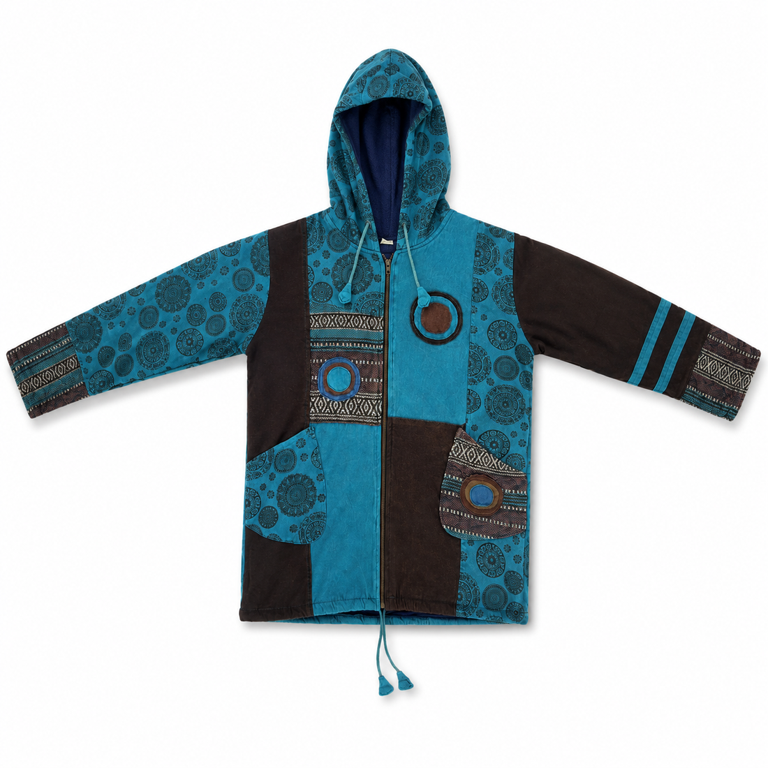 Turquoise Woolen Patchwork Hooded Jacket