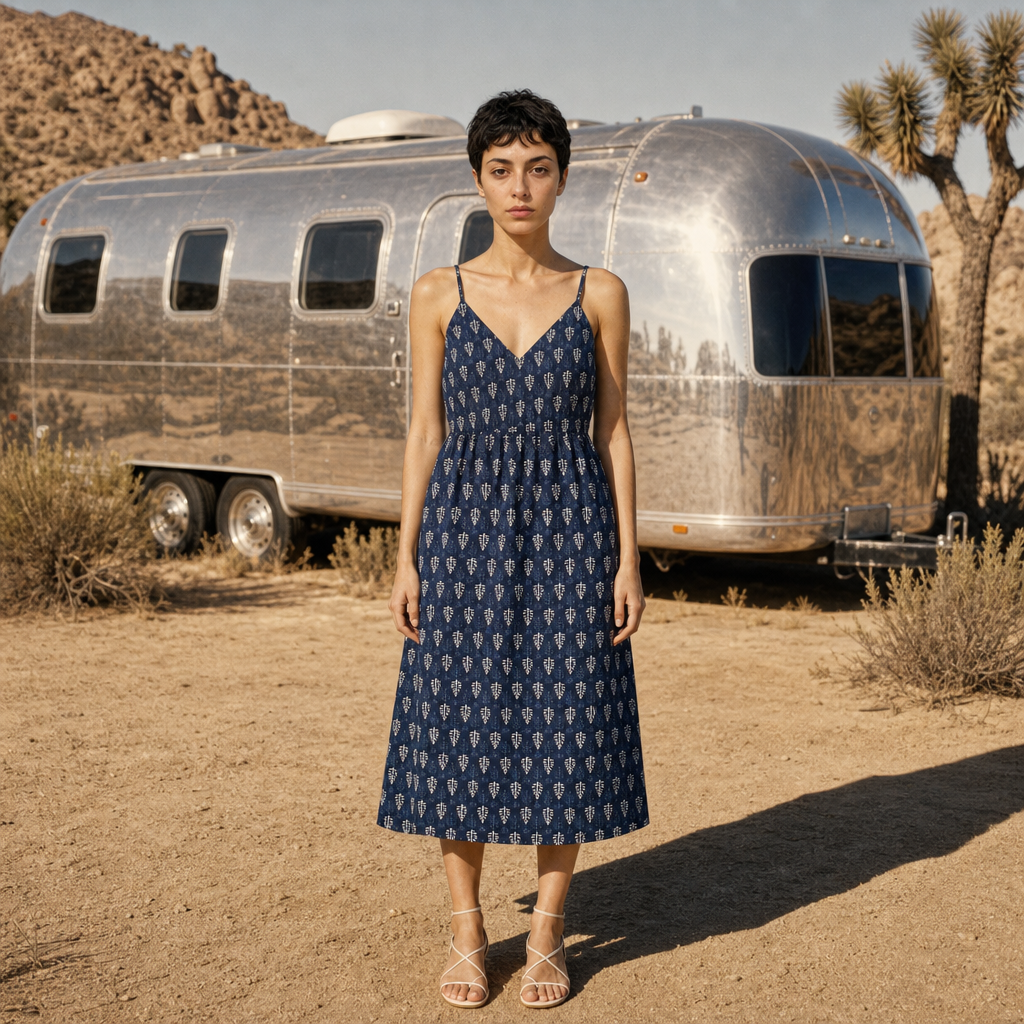 Blue Block Print Cotton Midi Dress