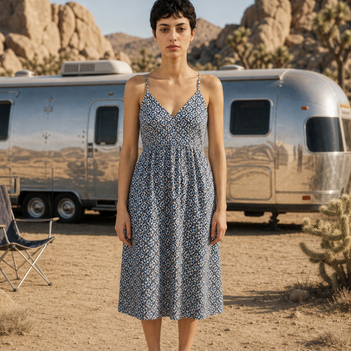Blue Geometric Block Print Cotton Midi Dress