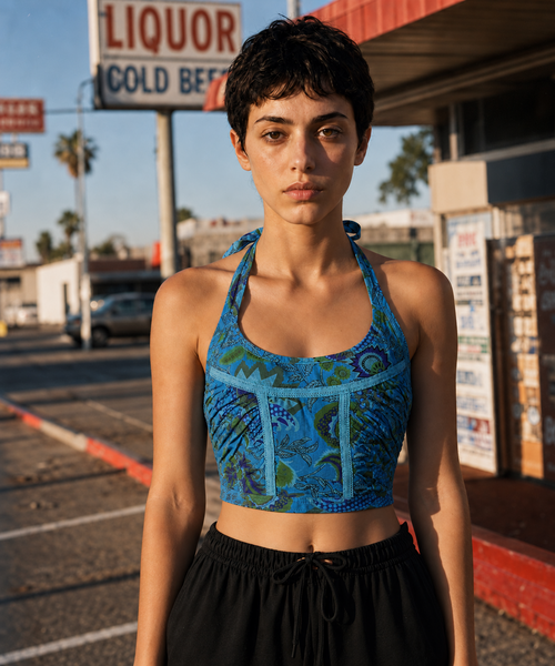 Blue Botanical Tie-Back Cotton Halter Top