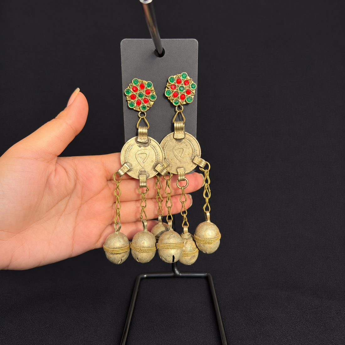 Vintage Red & Green Rosette Orb Cascade Earrings