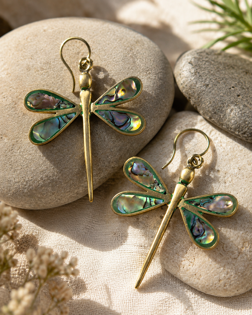 Abalone Shell Dragonfly Statement Earrings – Brass