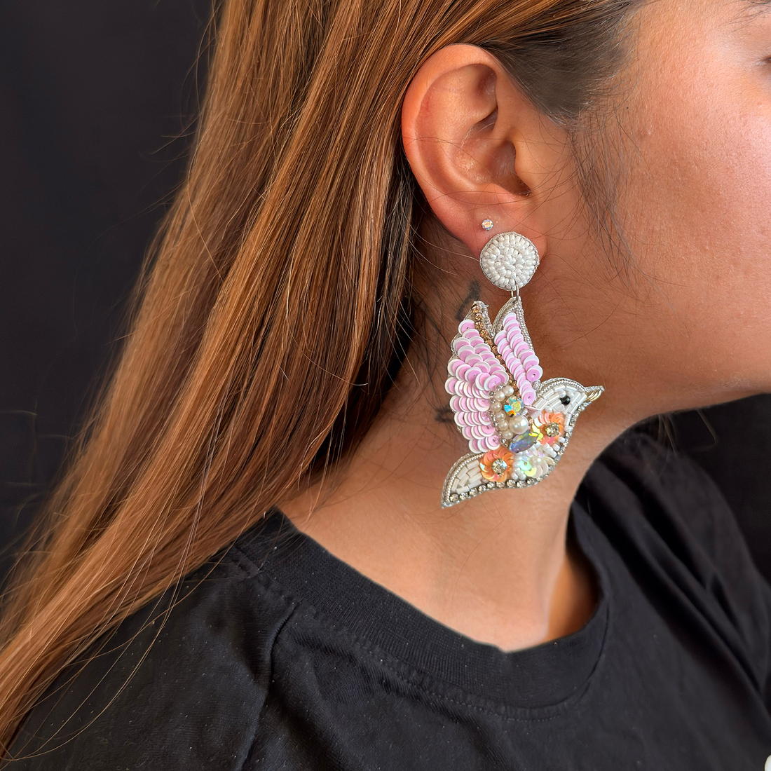 Blush Dove — Beaded Bird Statement Earrings