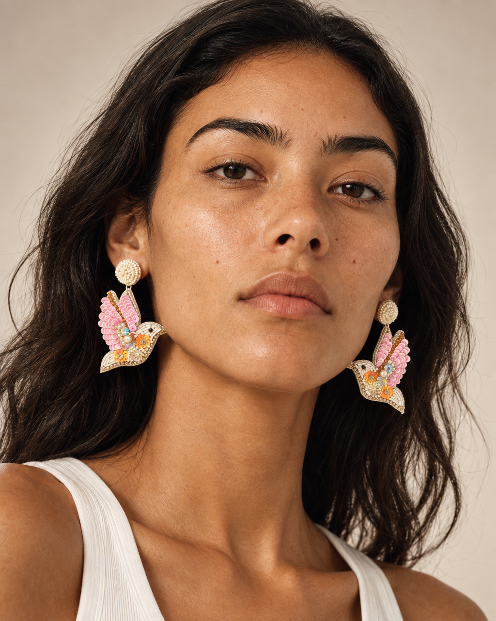 Blush Dove — Beaded Bird Statement Earrings