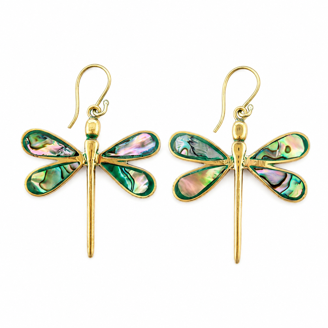 Abalone Shell Dragonfly Statement Earrings – Brass