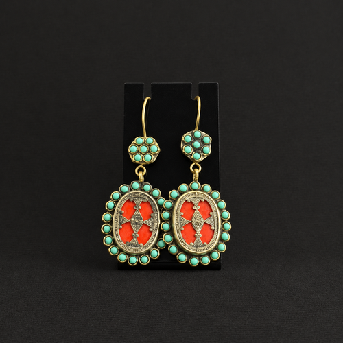 Turquoise Halo & Red Medallion Earrings