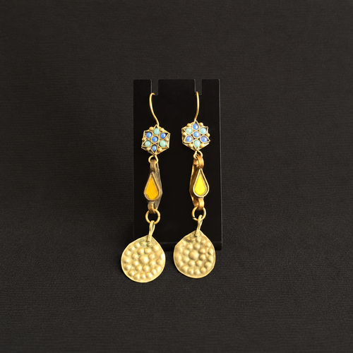Vintage Blue Rosette & Yellow Medallion Drop Earrings