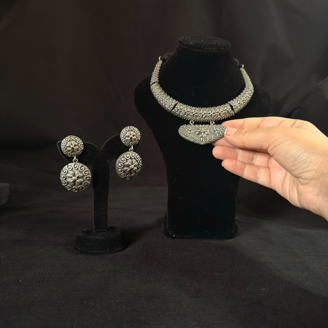 Oxidized brass floral medallion choker set with matching earrings