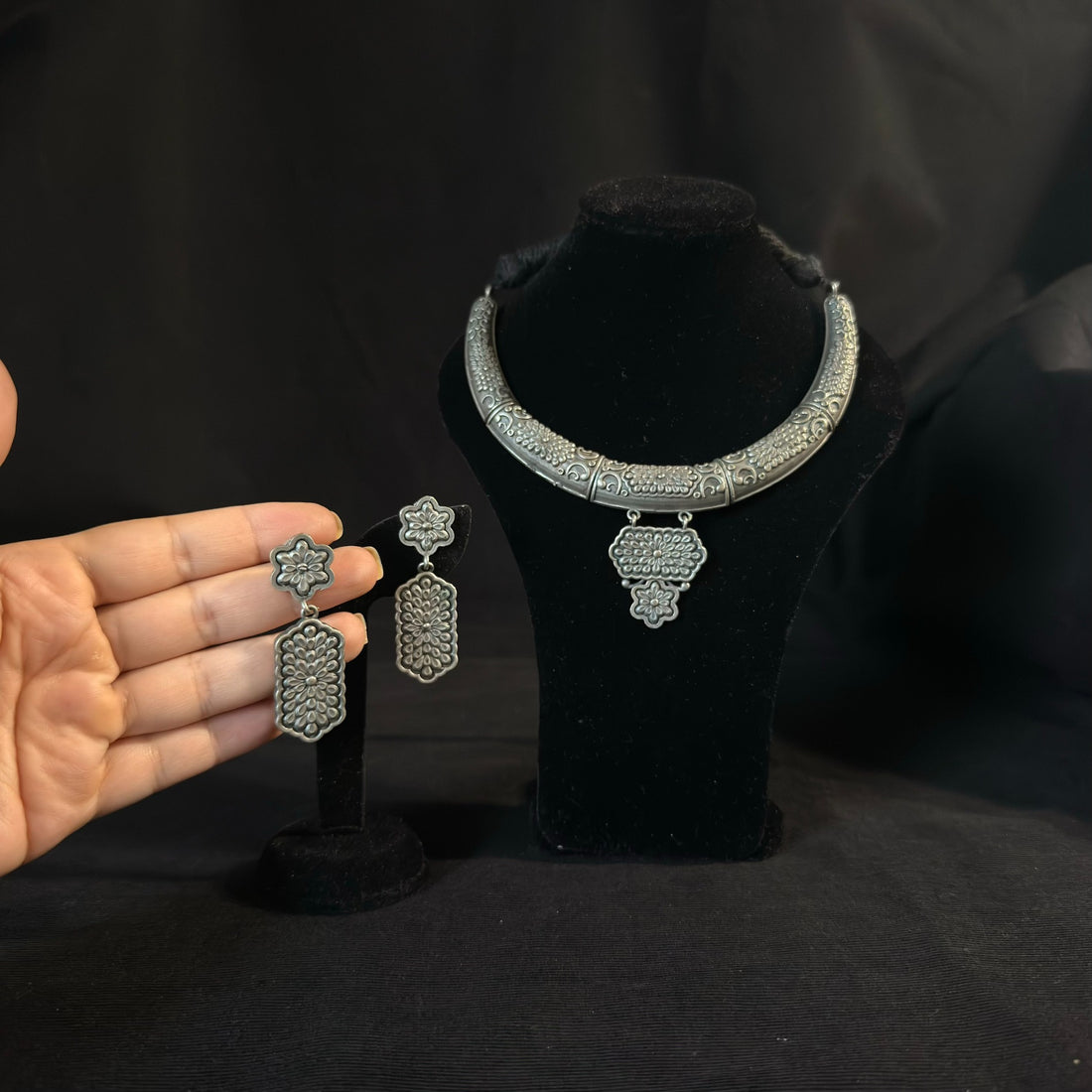 Oxidized brass floral plaque choker set with matching earrings