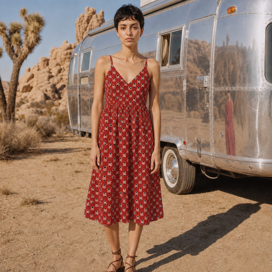 Red Mini Floral Block Print Cotton Midi Dress