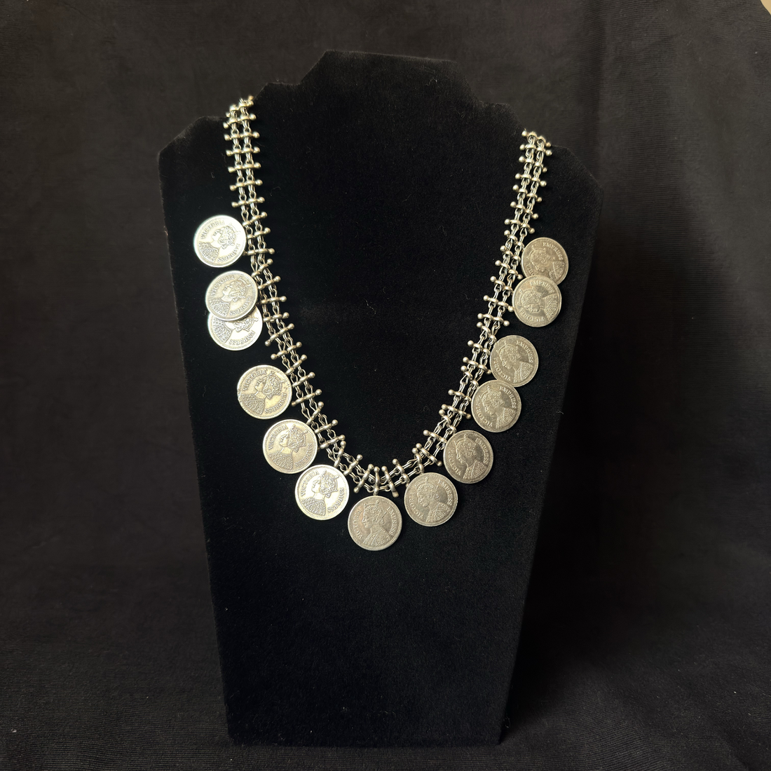 Oxidized brass Victoria coin-style statement necklace