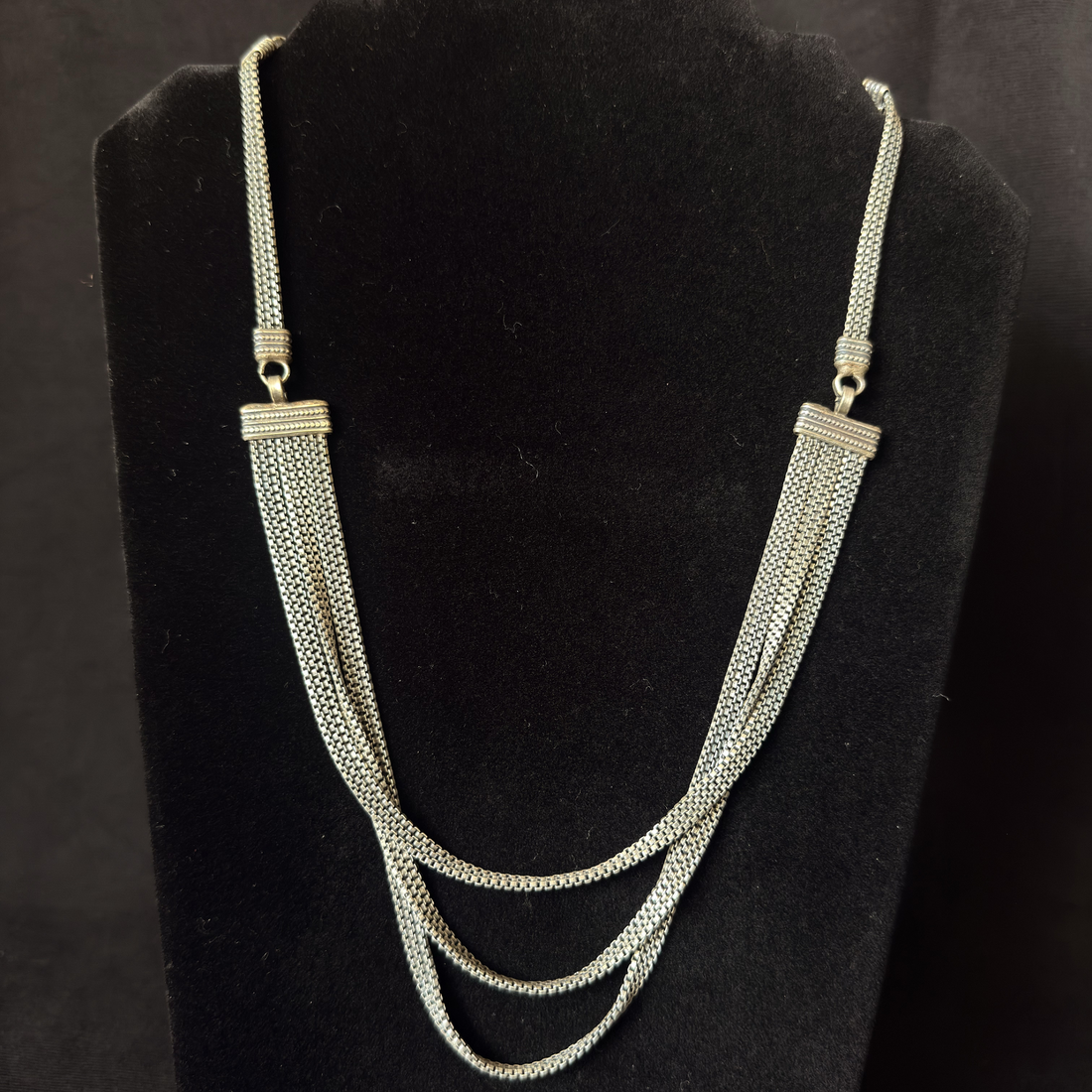 Oxidized brass triple draped chain necklace