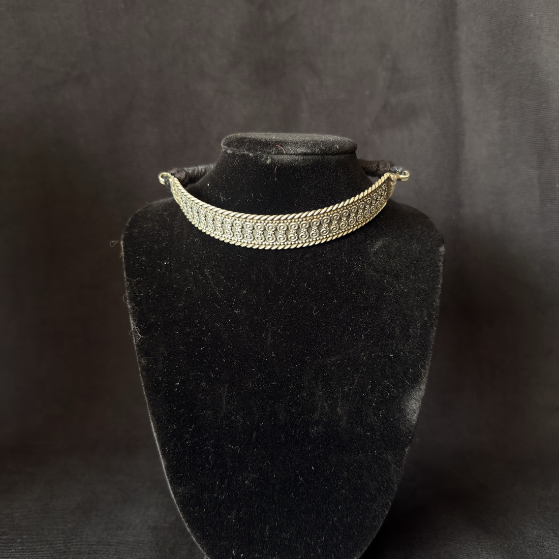 Oxidized brass engraved scroll choker necklace