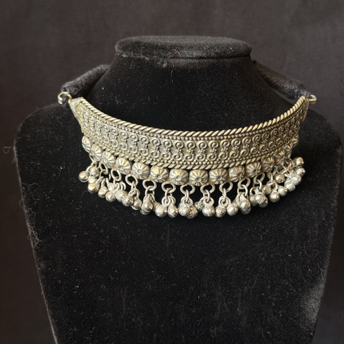 Oxidized brass floral bell-fringe choker necklace