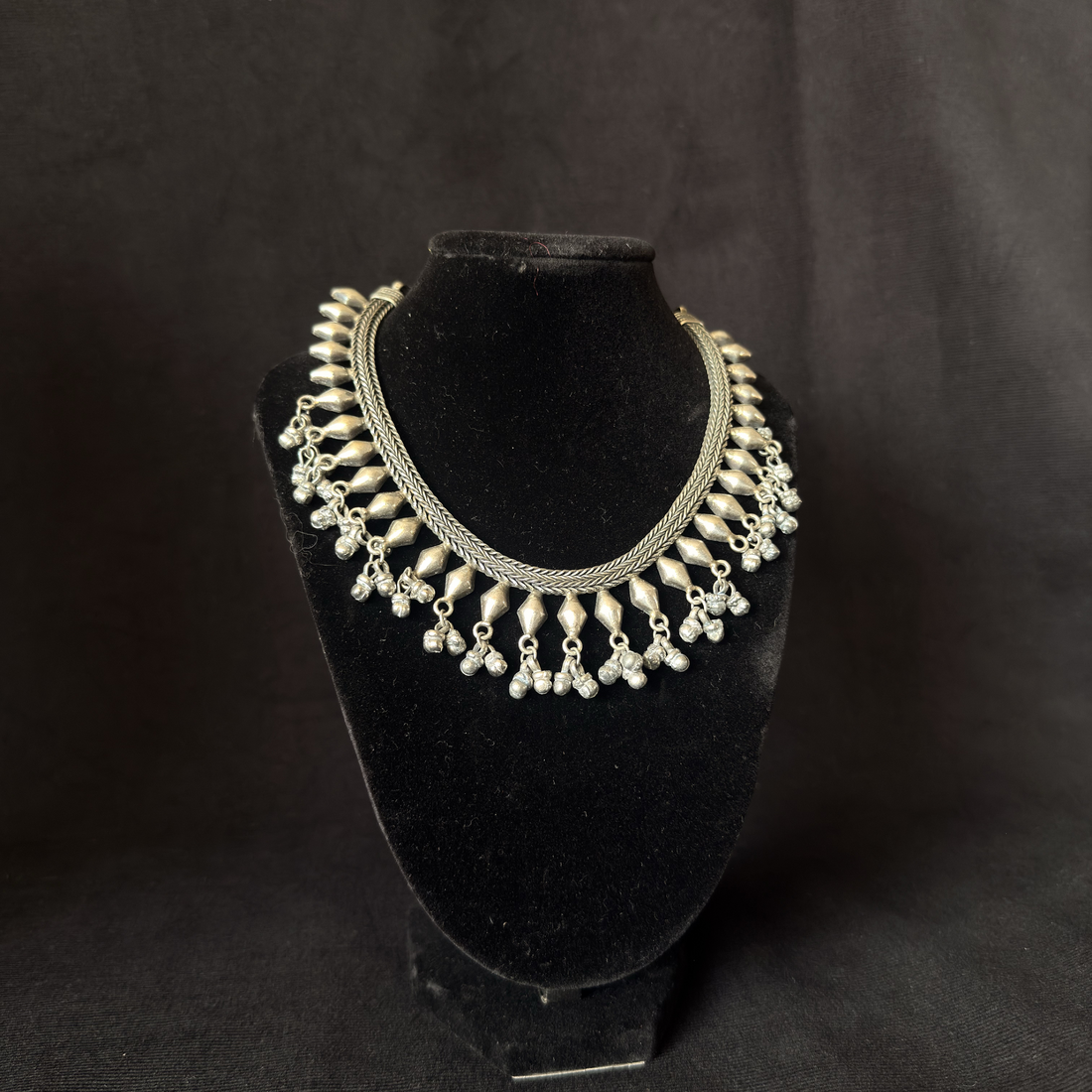 Oxidized brass pointed-drop collar statement necklace