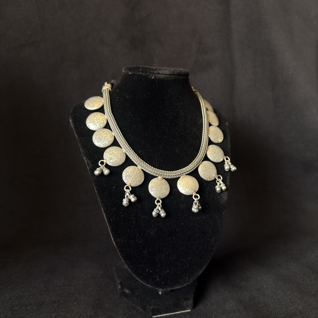 Oxidized brass embossed disc fringe necklace
