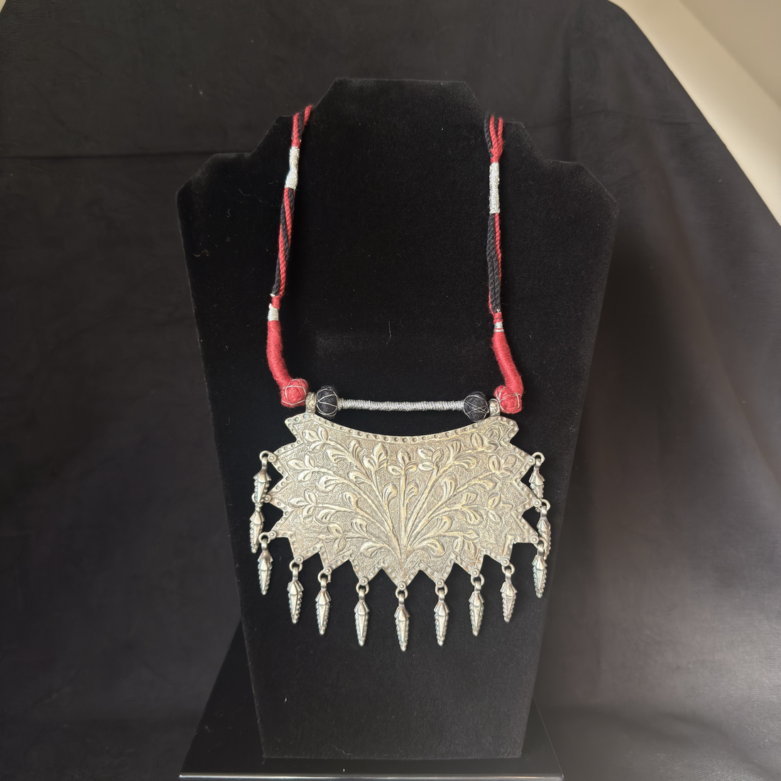Large shield oxidized brass fringe statement necklace with red and black thread