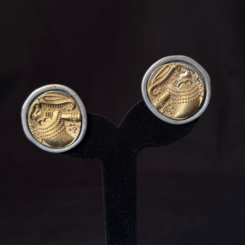 Two-tone brass profile medallion stud earrings