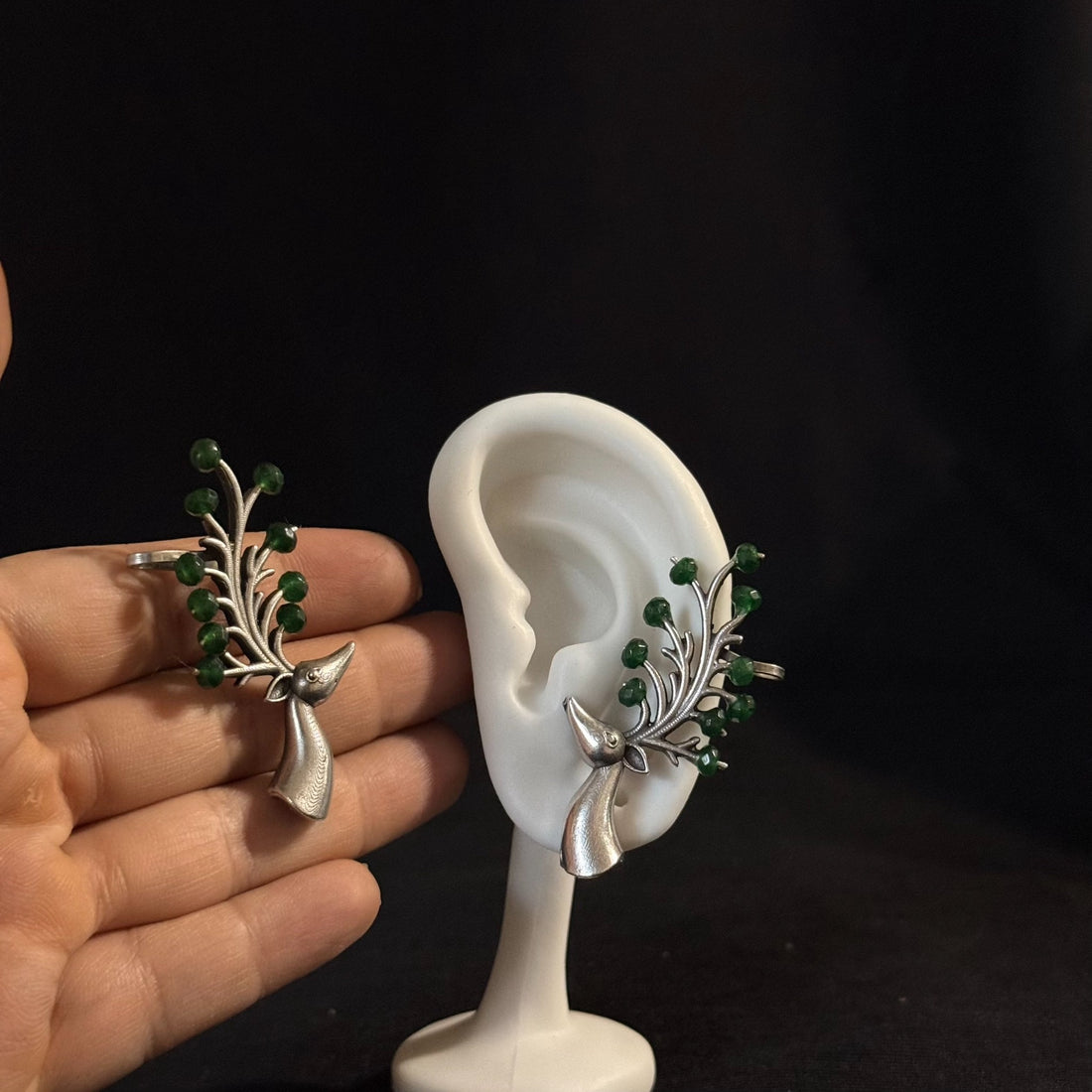 Oxidized brass green bird ear cuffs with green bead accents