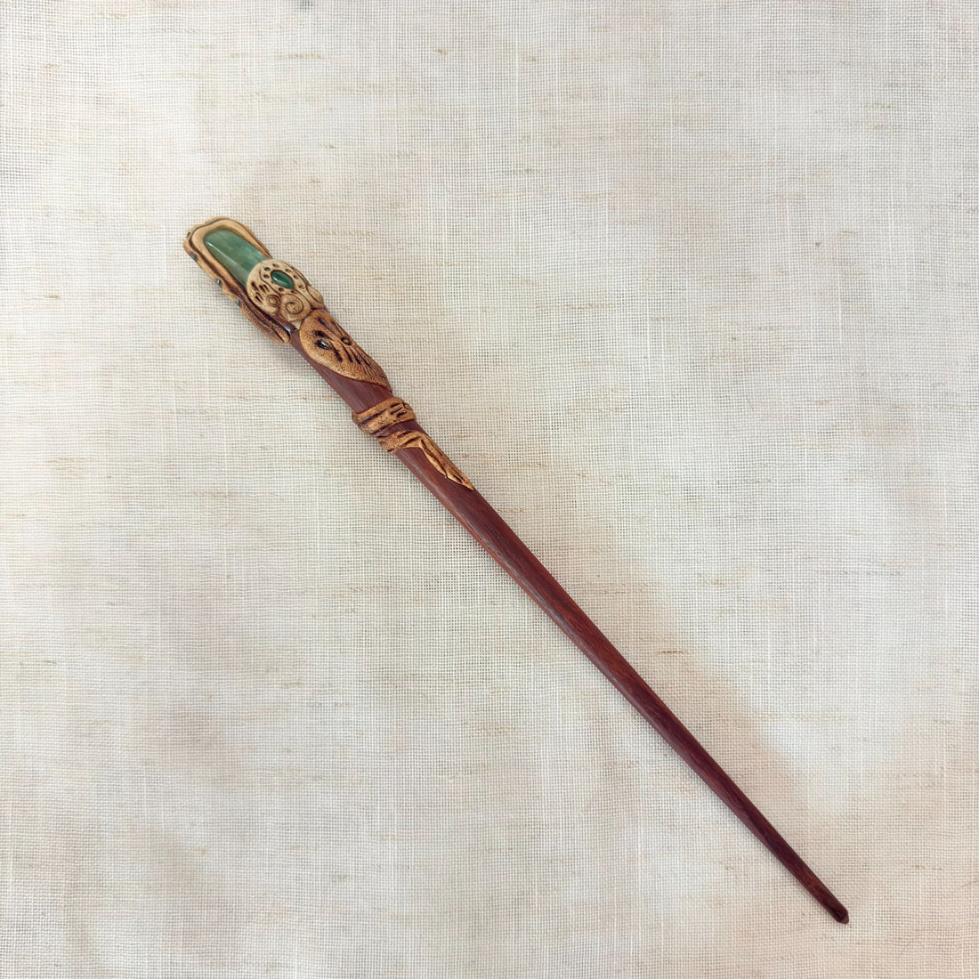 Handmade green stone hair stick with two stone accents