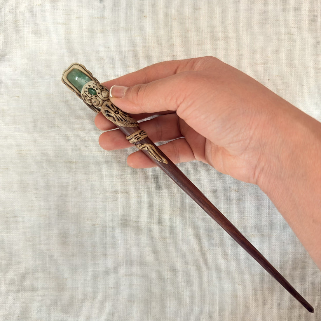 Handmade green stone hair stick detail
