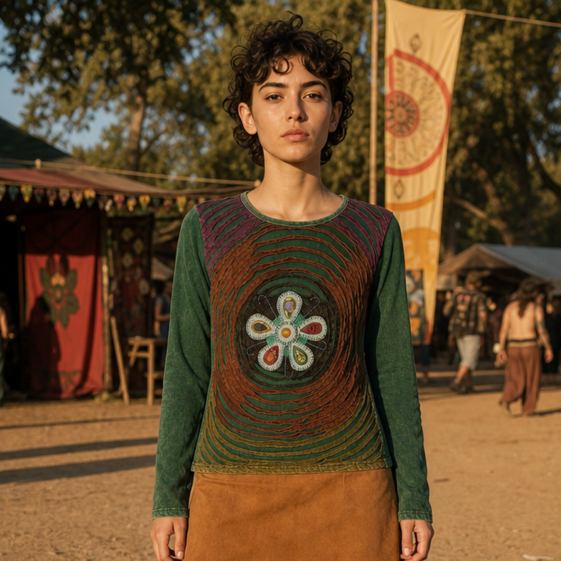 Green Layered Flower Cutwork Long Sleeve Top