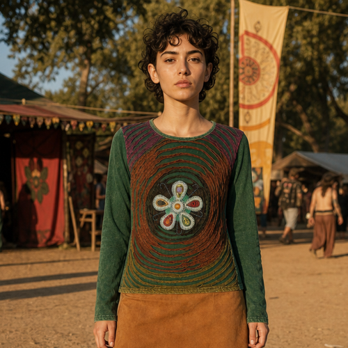 Green Layered Flower Cutwork Long Sleeve Top