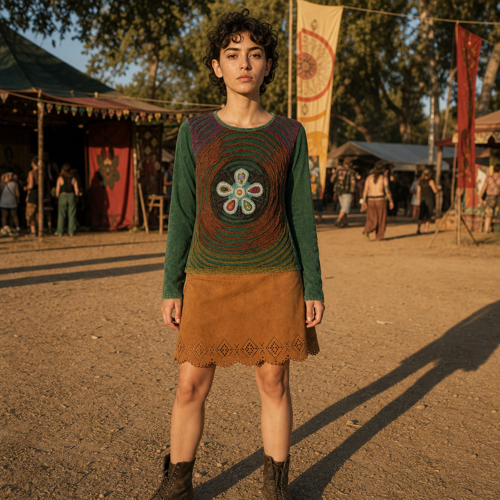 Green Layered Flower Cutwork Long Sleeve Top