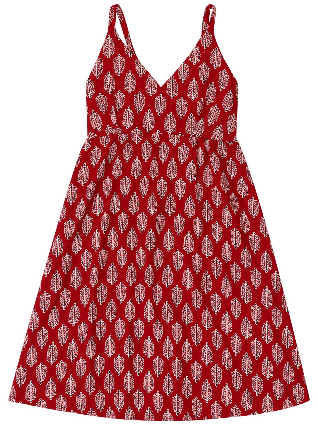 Red Leaf Block Print Cotton Midi Dress
