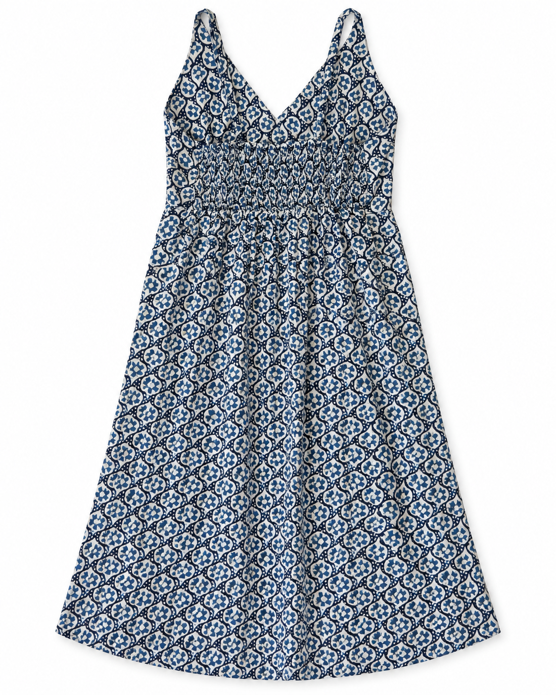 Blue Geometric Block Print Cotton Midi Dress