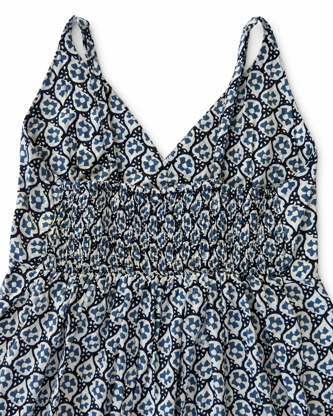 Blue Geometric Block Print Cotton Midi Dress
