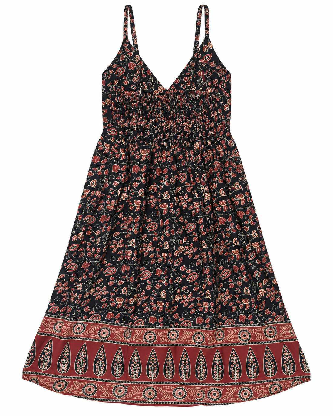 Black Floral Border Block Print Cotton Midi Dress