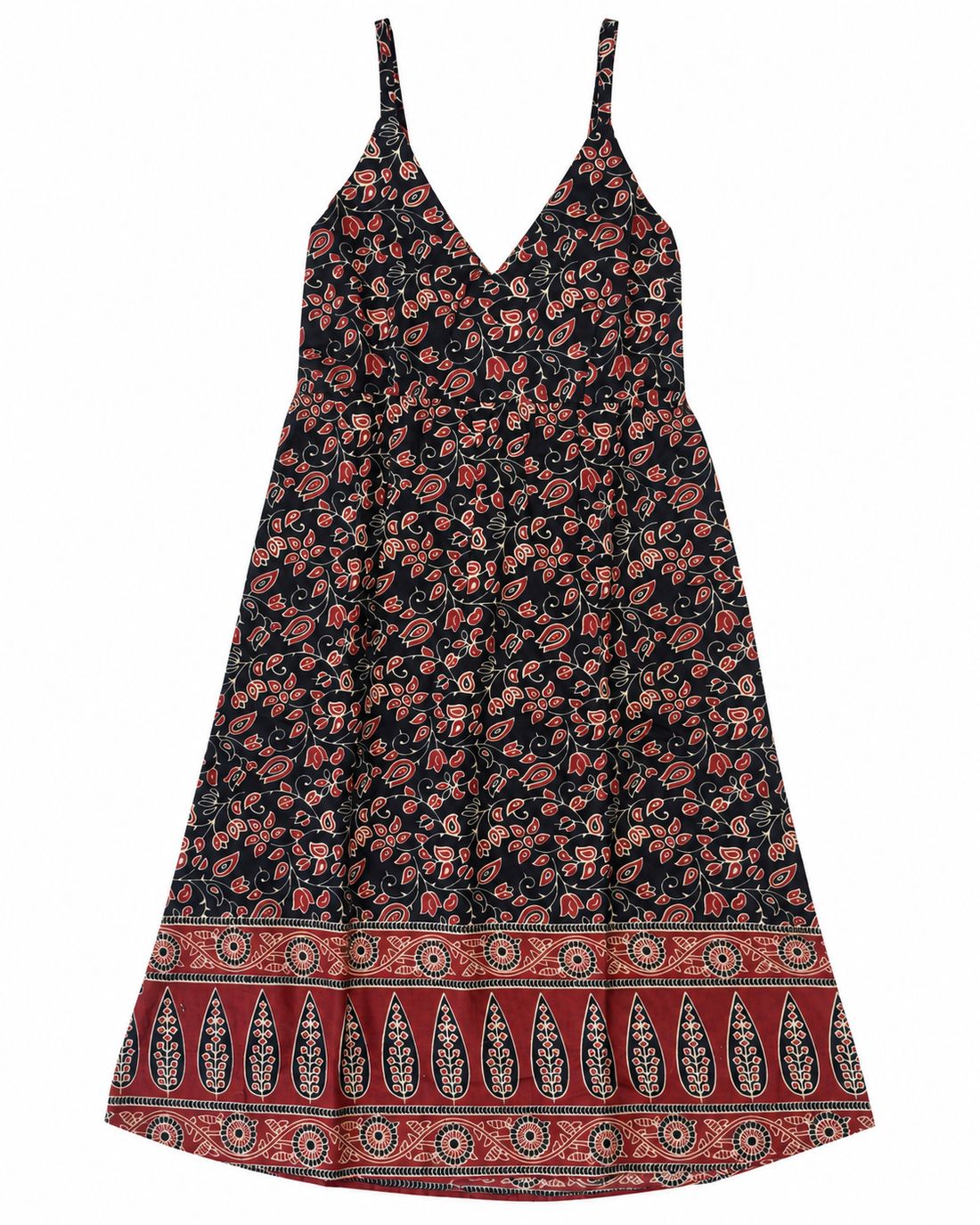 Black Floral Border Block Print Cotton Midi Dress