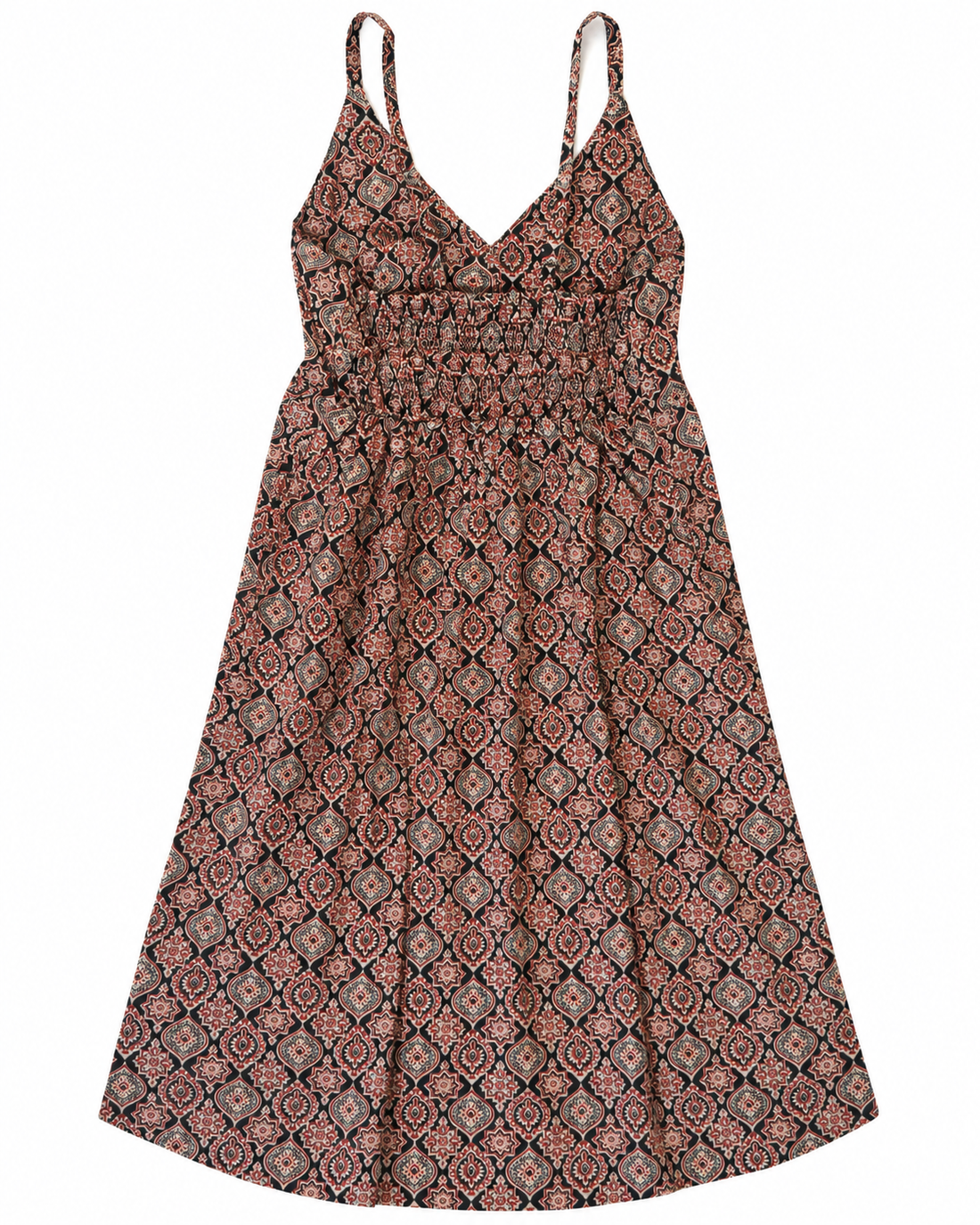 Black Geometric Block Print Cotton Midi Dress