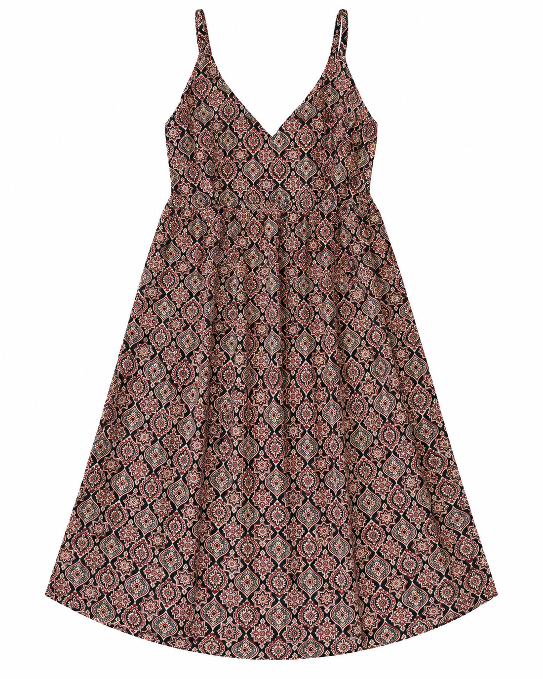 Black Geometric Block Print Cotton Midi Dress