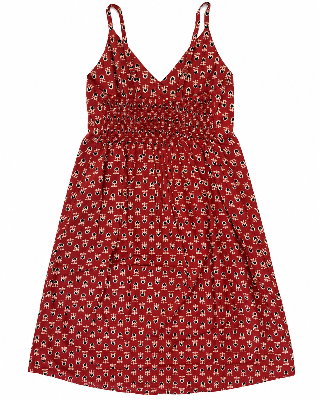 Red Mini Floral Block Print Cotton Midi Dress