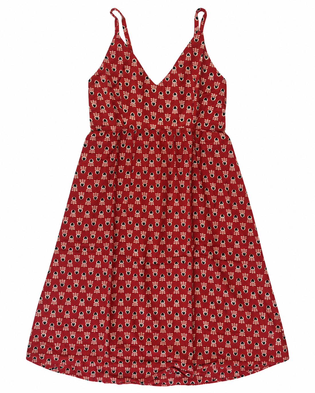 Red Mini Floral Block Print Cotton Midi Dress