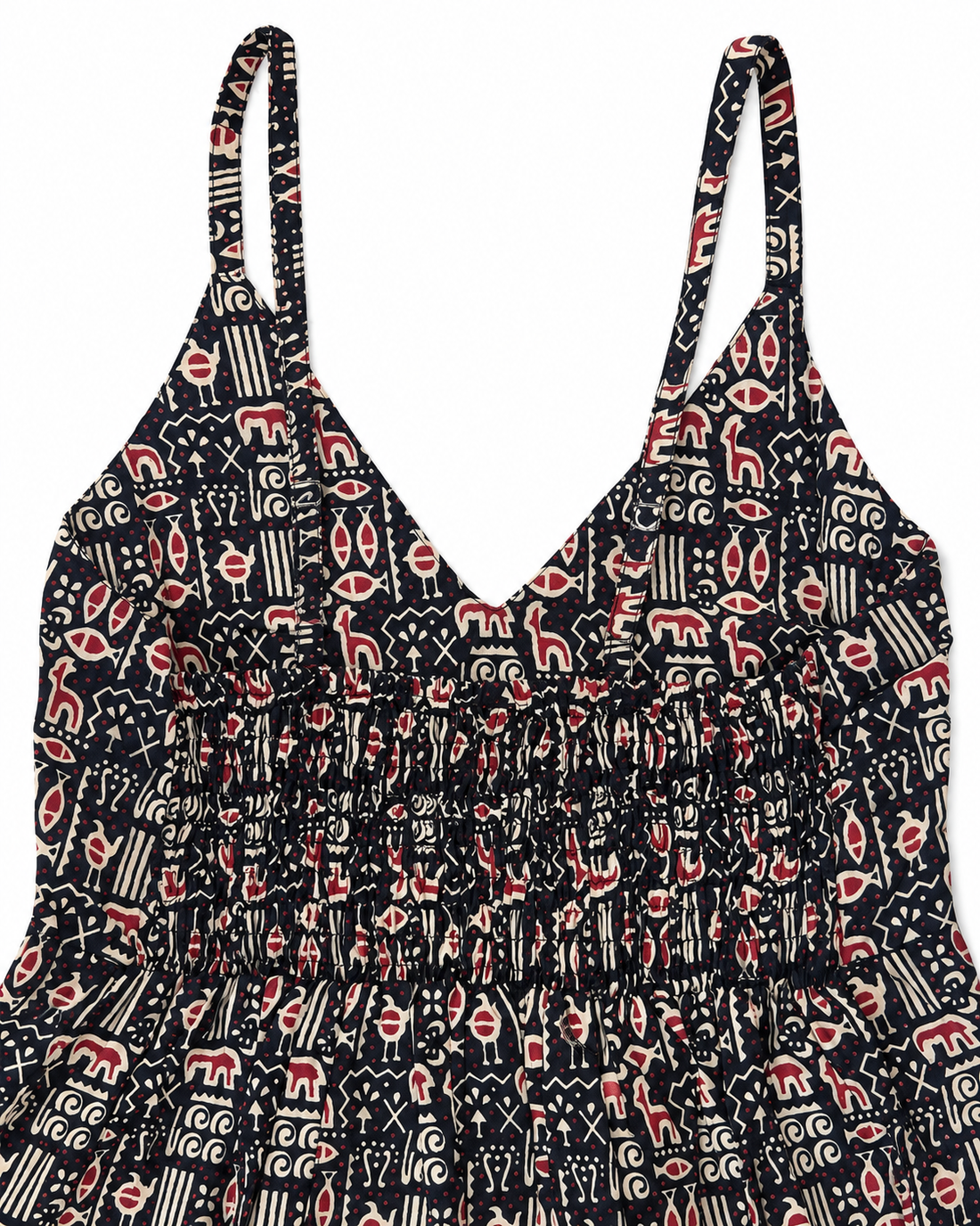 Black Folk-Motif Block Print Cotton Midi Dress