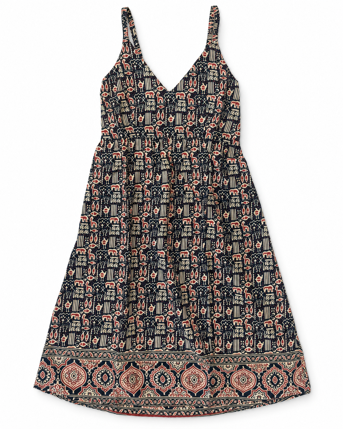 Black Folk-Motif Block Print Cotton Midi Dress