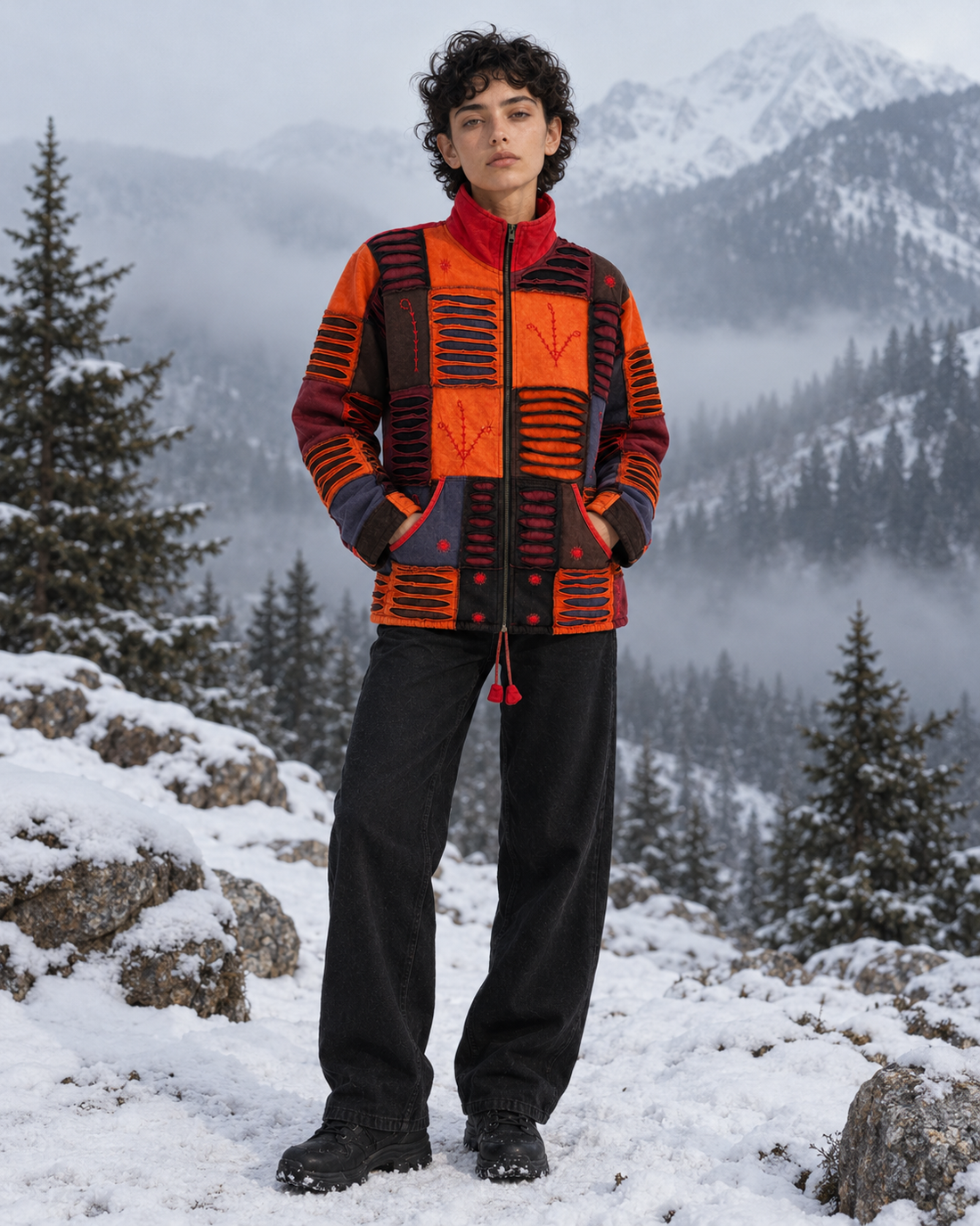 Red & Orange Distressed Patchwork Zip Jacket