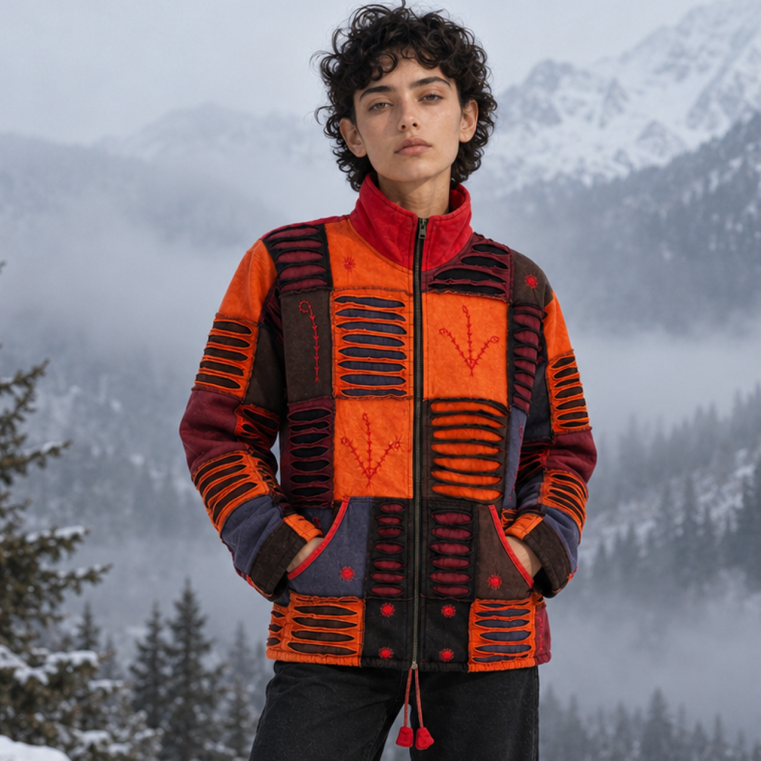 Red & Orange Distressed Patchwork Zip Jacket