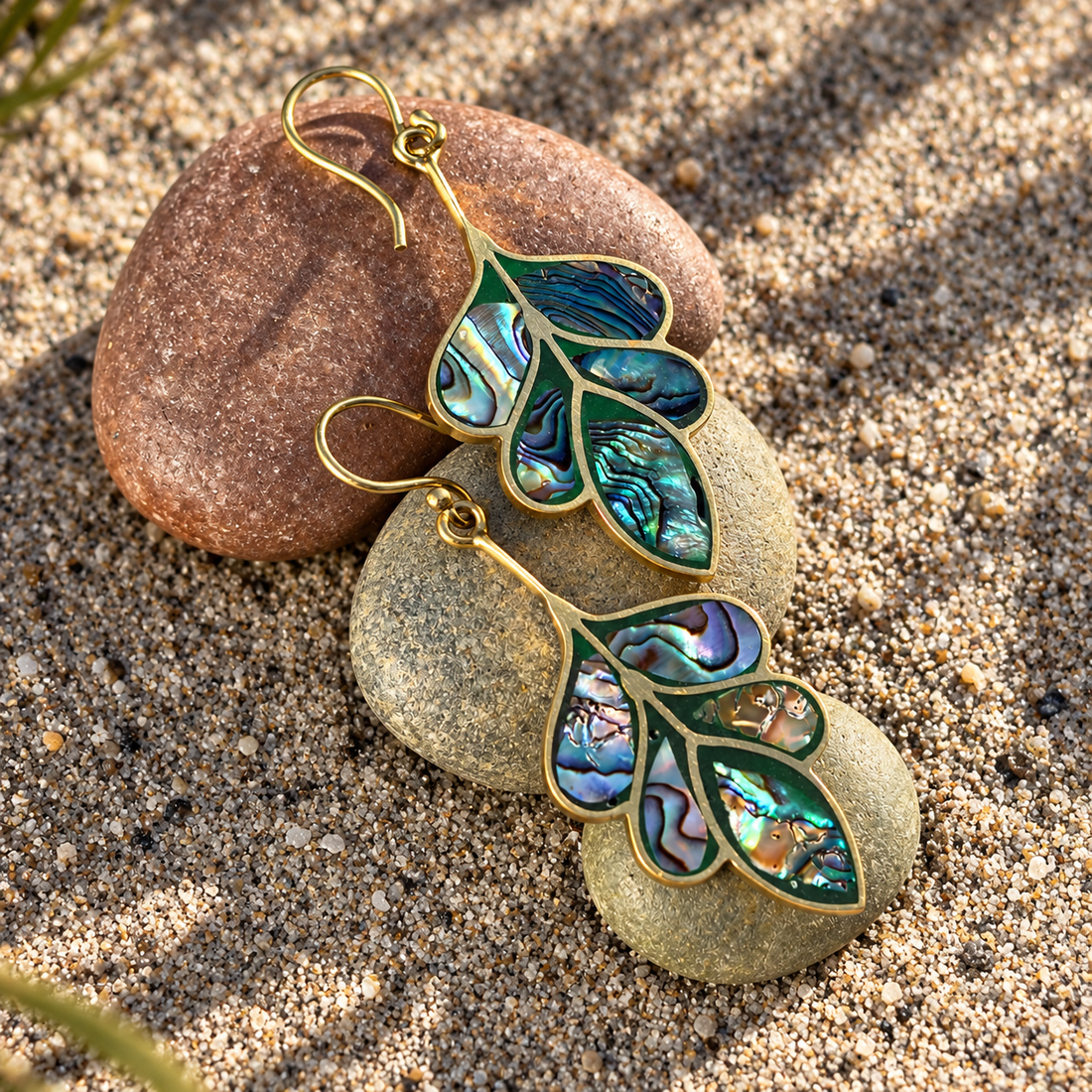 Abalone Shell Leaf Statement Earrings – Brass