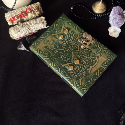 5 x 7 green owl stone leather journal