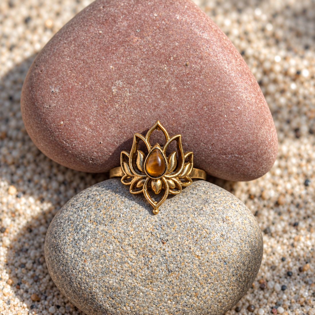Brass Lotus Ring with Tiger’s Eye Stone