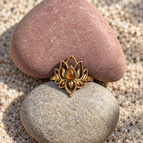 Brass Lotus Ring with Tiger’s Eye Stone