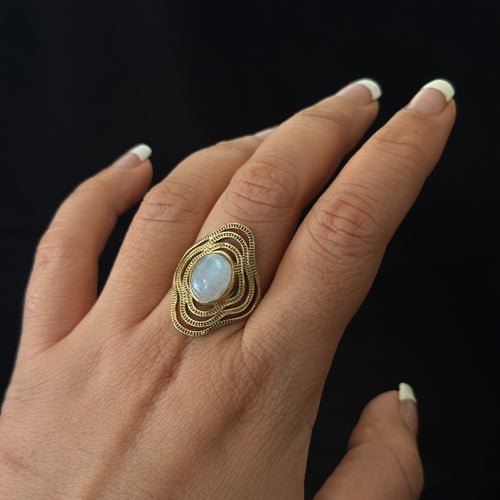 Moonstone brass statement ring with layered organic frame