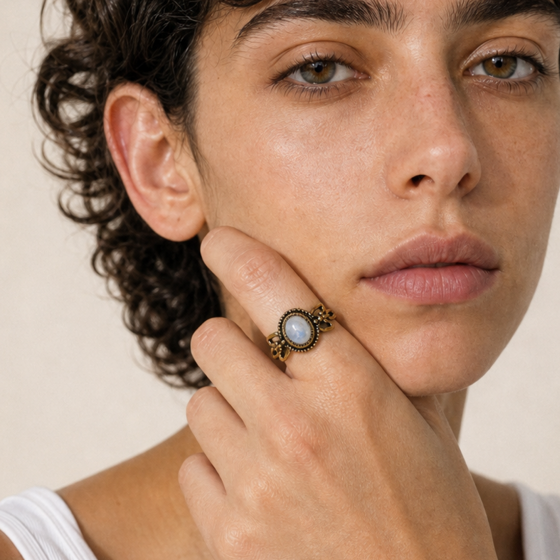 Brass Moonstone Iridescent Statement Ring