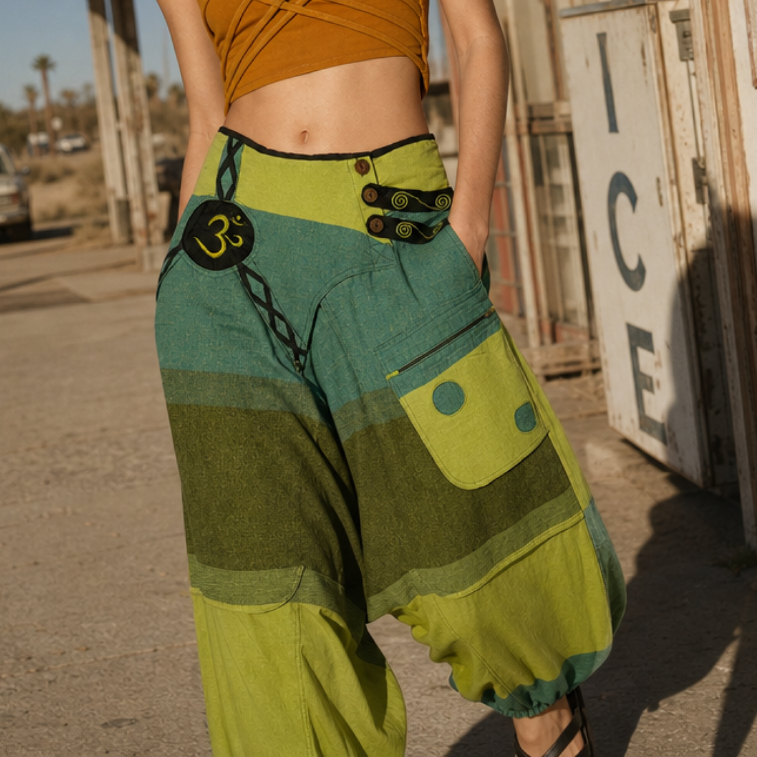 Green Om Patchwork Harem Pants
