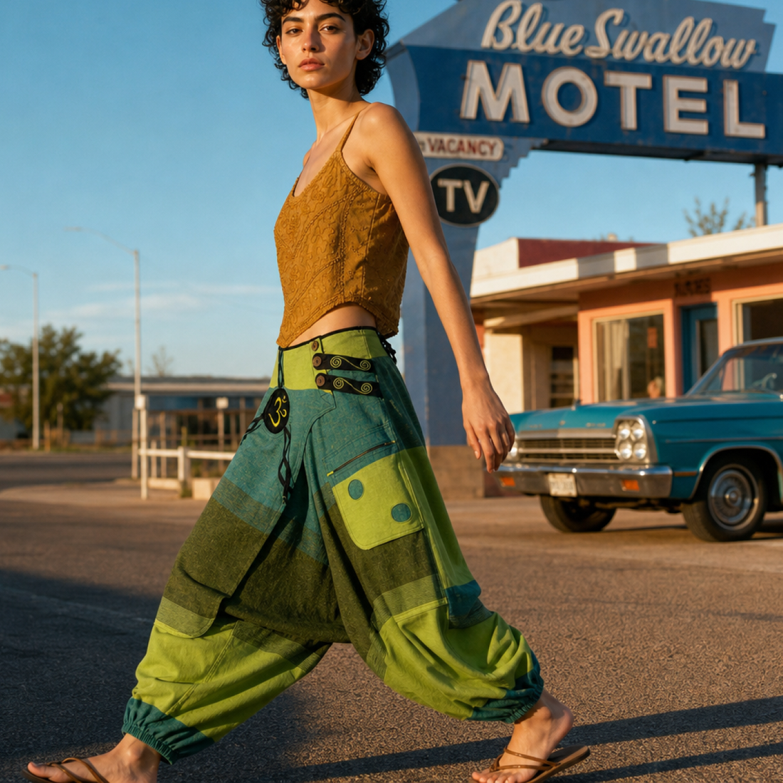 Green Om Patchwork Harem Pants