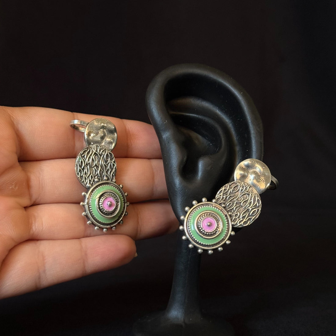 Oxidized brass pastel medallion ear cuffs with green and pink accents